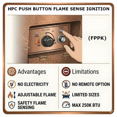 HPC push button ignition system with flame sensing safety and adjustable flame control