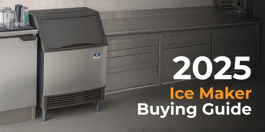 Stainless-steel undercounter ice machine next to commercial kitchen cabinets with overlaid text “2025 Ice Maker Buying Guide”