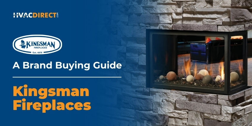 Kingsman gas fireplace installed in stone wall featured in HVACDirect brand buying guide