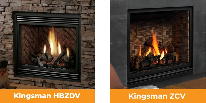 Kingsman HBZDV traditional gas fireplace and Kingsman ZCV clean view fireplace installed indoors