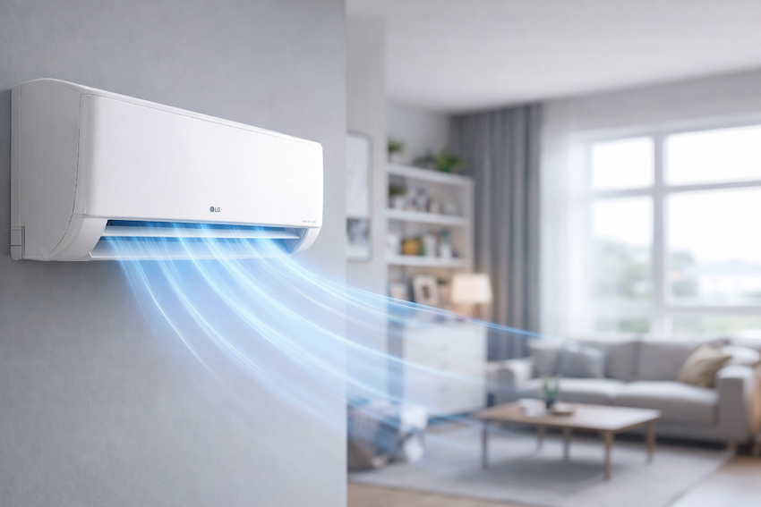 LG wall-mounted mini split indoor air handler blowing warm air into modern living room demonstrating ductless heating comfort