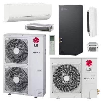LG mini split systems showing indoor air handlers, outdoor condensers, and HVAC components for ductless heating and cooling