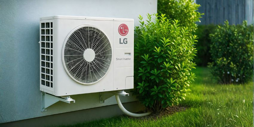 LG mini split outdoor condenser mounted on exterior wall near landscaping showing residential ductless HVAC installation