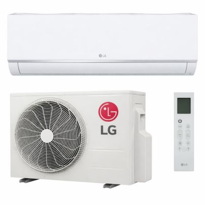 LG mini split system showing wall-mounted indoor air handler, outdoor condenser unit, and remote control on white background