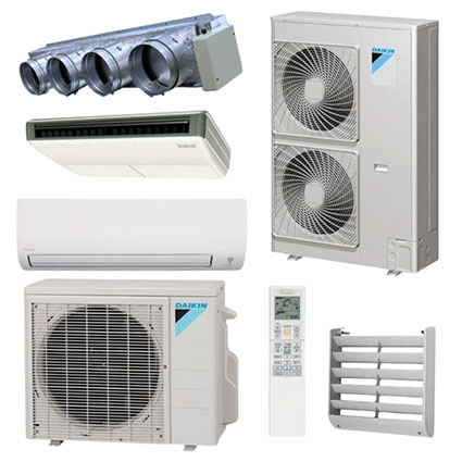Daikin mini split system with indoor unit outdoor condenser remote control and ductwork components