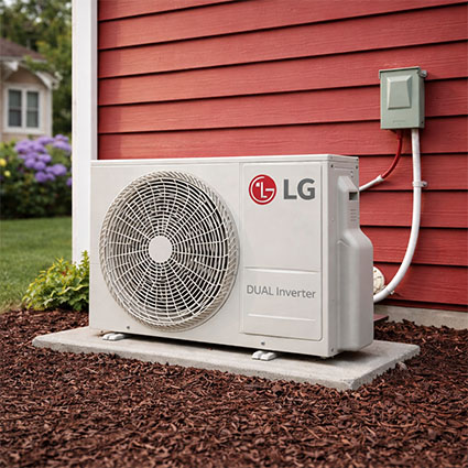 LG mini split outdoor condenser installed next to home showing ductless HVAC heating and cooling system