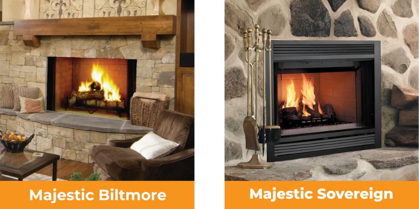 Majestic Biltmore and Sovereign fireplaces showcasing large open-burning and traditional gas fireplace designs in stone surrounds