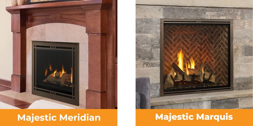 Majestic Meridian and Marquis gas fireplaces with traditional and premium stone surround installations