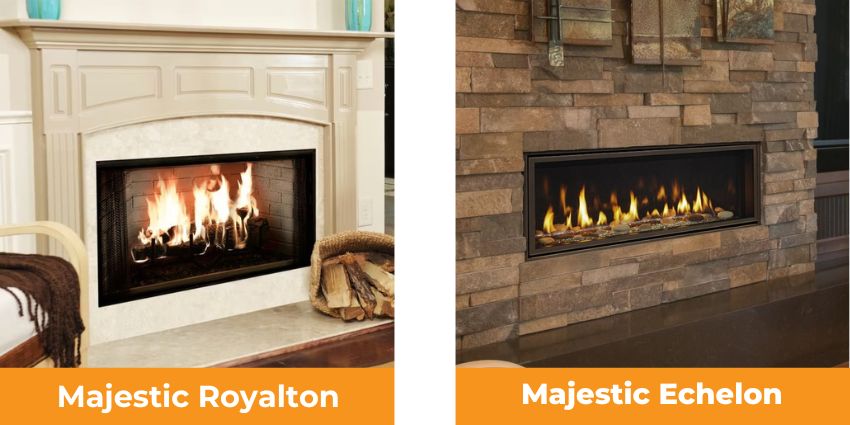 Majestic Royalton and Echelon fireplaces showing classic mantel gas fireplace and modern linear fireplace designs