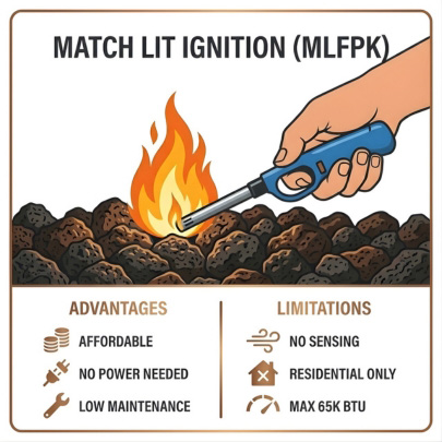 match lit fire pit ignition system showing manual lighting with lighter and gas control