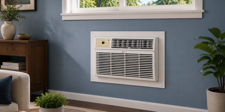 Through-the-Wall Mini PTAC Unit Installed in Living Room Through-the-wall mini PTAC air conditioner installed in a blue living room wall beneath a window for compact heating and cooling.
