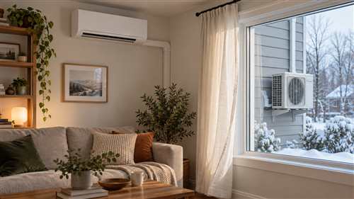 Mini split heat pump and outdoor condenser during winter