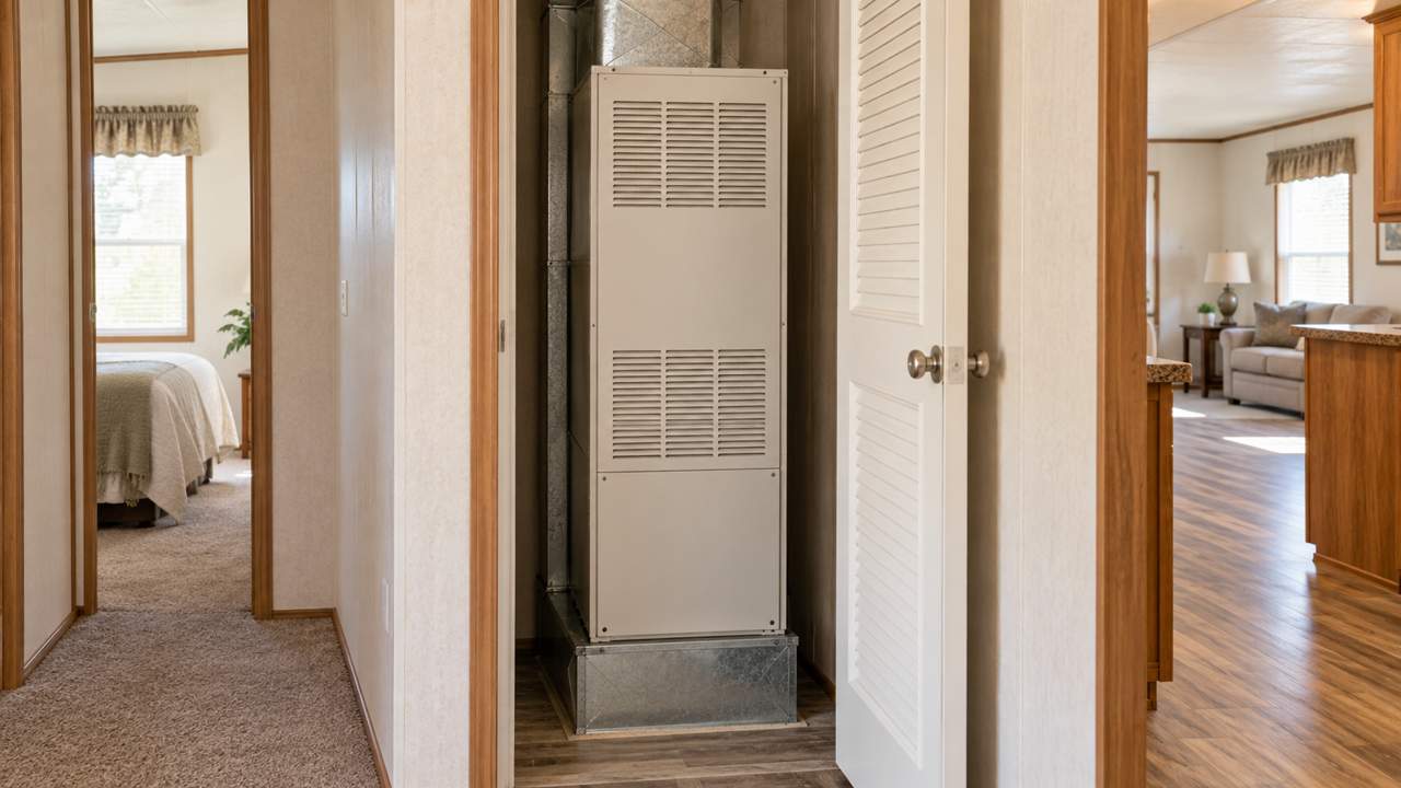 Mobile-Home Furnace Replacement: What Makes Equipment Different? Illustration of a compact furnace in a manufactured-home utility closet