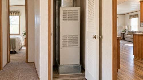 Mobile-Home Furnace Replacement: What Makes Equipment Different? Illustration of a compact furnace in a manufactured-home utility closet