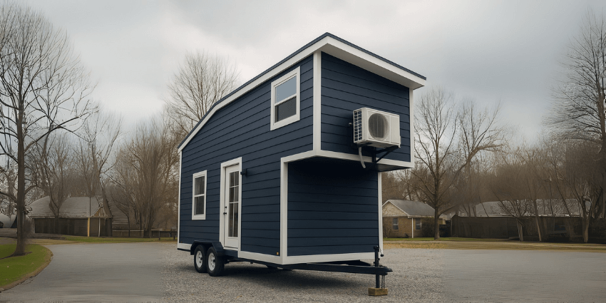 Outdoor mini‑split HVAC unit mounted on the side of a blue mobile tiny home parked on gravel