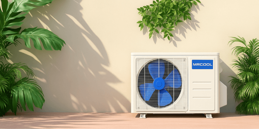 MRCOOL mini split air conditioning and heating outdoor condenser unit placed against a beige wall with tropical plants and shadows