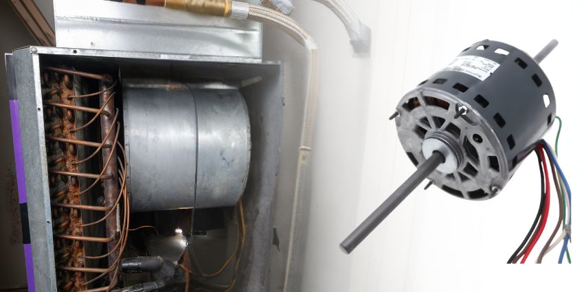 Furnace interior showing blower assembly alongside a multi-speed PSC blower motor used in residential HVAC systems