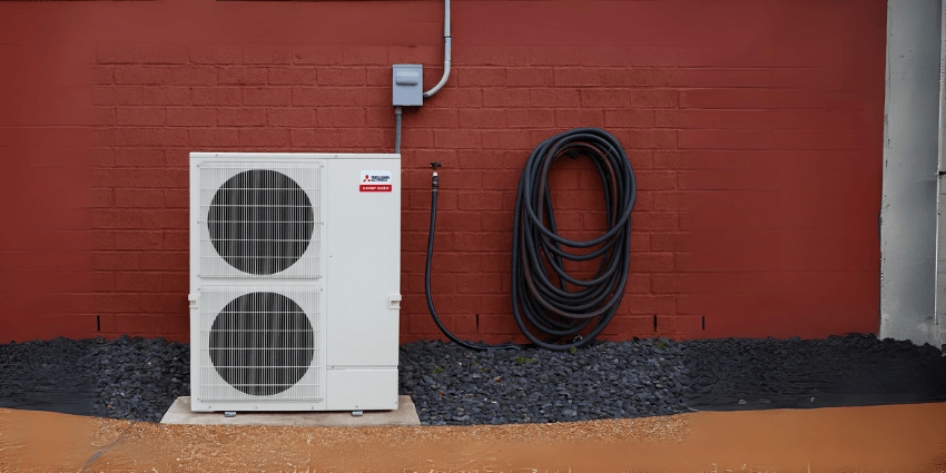 Mitsubishi Electric Mini Split Outdoor Unit Installed on Red Brick Wall Mitsubishi Electric outdoor mini split heat pump installed against a red brick wall with coiled refrigerant lines and electrical disconnect.