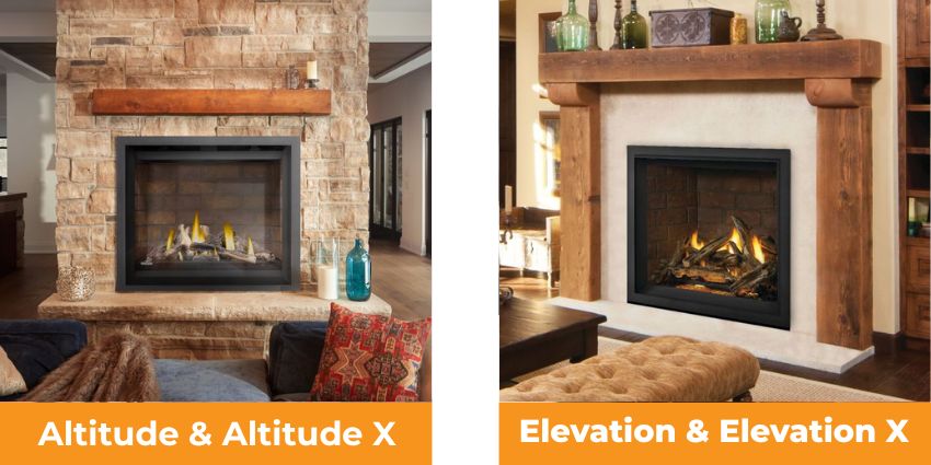 Napoleon Altitude, Altitude X, Elevation, and Elevation X gas fireplaces with traditional hearth styling and realistic flame appearance