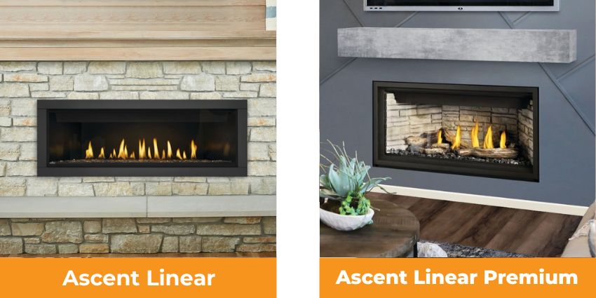 Napoleon Ascent Linear and Ascent Linear Premium direct vent gas fireplaces with sleek linear designs and modern built-in installations