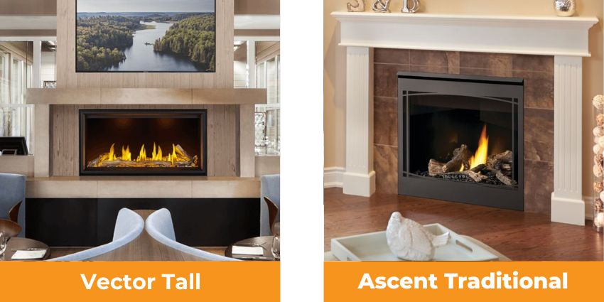 Napoleon Vector Tall gas fireplace with extra-tall viewing area and Ascent Traditional gas fireplace with classic log-set design