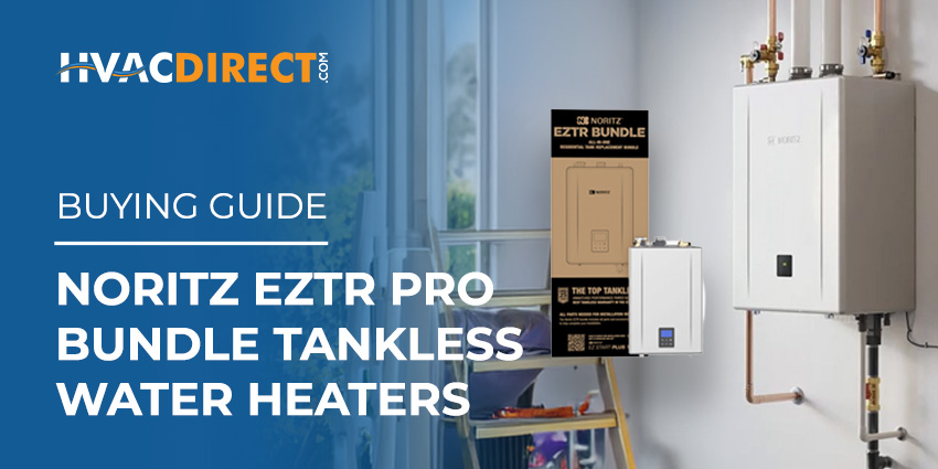 Noritz EZTR Pro Bundle Tankless Water Heaters Noritz EZTR Pro tankless water heater installed on a wall beside EZTR bundle packaging in a residential utility space.