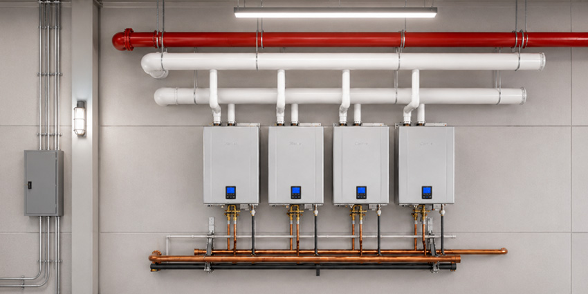 Four Noritz NCC commercial tankless water heaters installed with copper piping and venting in a mechanical room