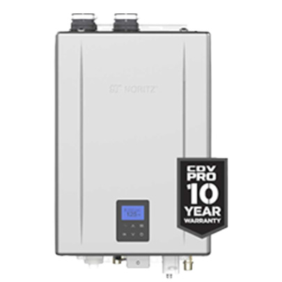 Noritz NCC199CDV Pro commercial tankless water heater with 10-year warranty badge