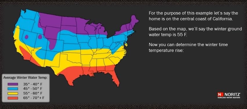 Map of average water temperatures through U.S. for sizing a tankless water heater
