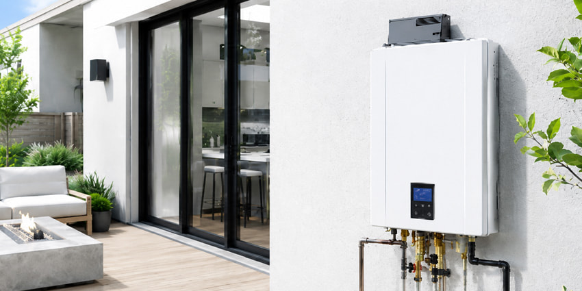 Noritz NRCR Pro tankless water heater installed on a modern patio wall near sliding glass doors, outdoor seating, and greenery.