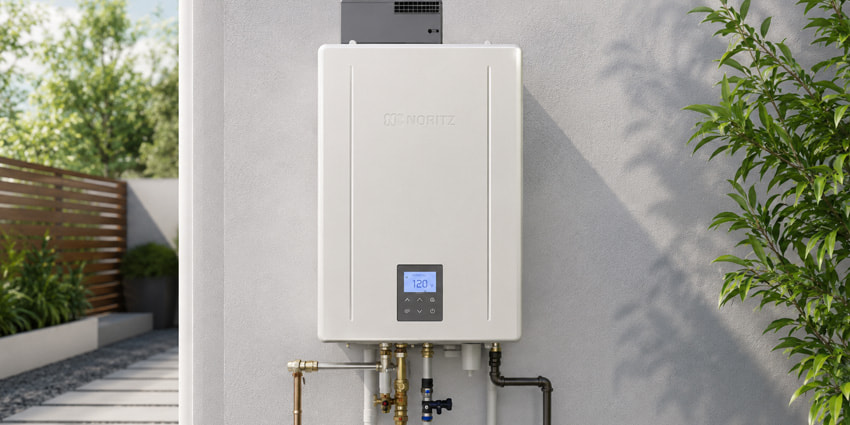 Noritz NRCR Pro tankless water heater installed on an exterior wall with outdoor landscaping and modern home surroundings