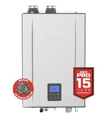 Noritz NRCR Pro tankless water heater with integrated recirculation pump badge, digital control panel, and 15-year warranty badge.