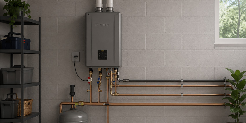 Noritz NRCB combination boiler installed on a concrete block wall with copper hydronic piping running along the wall in a utility room