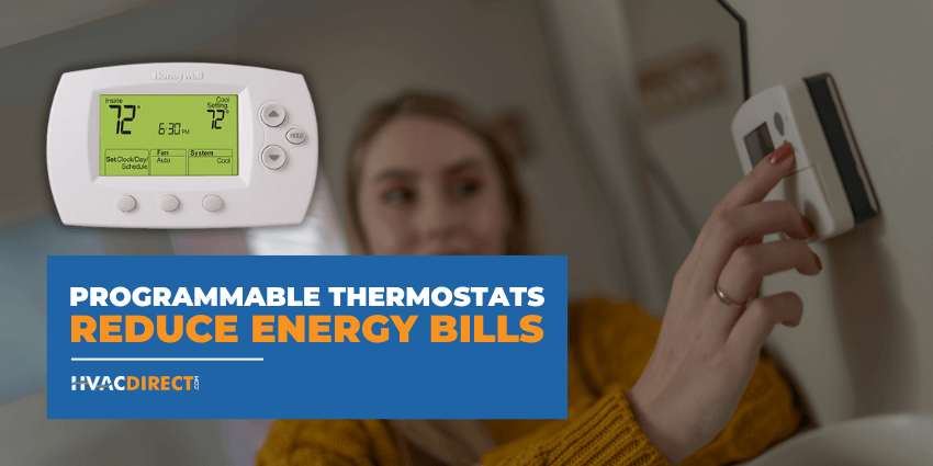 Programmable thermostat on wall helps homeowners reduce energy bills by automating heating and cooling schedules