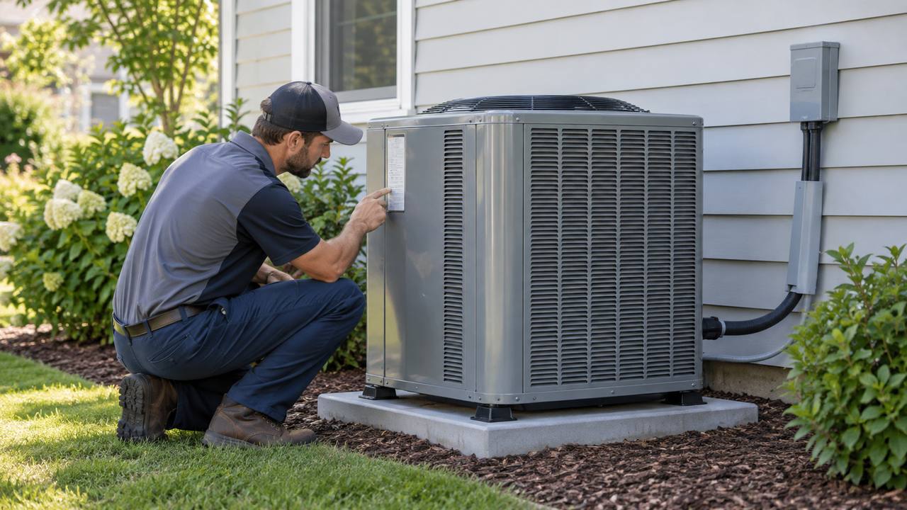 R-454B versus R-32 buyer guide Technician reading heat pump equipment label