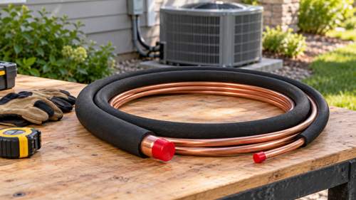 Illustration of capped copper refrigerant lines with insulation on a workbench