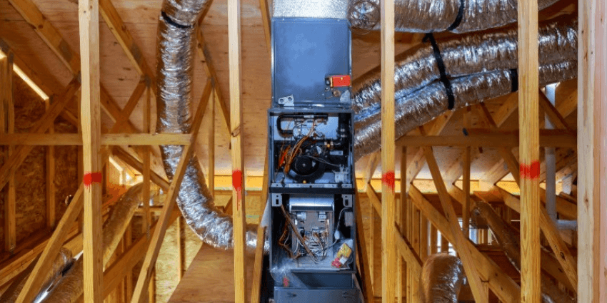 Gas furnace installed in attic with ductwork for single stage, two stage, and modulating heating systems