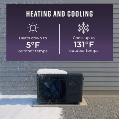Stealth solar mini split outdoor unit in snow with feature list explaining winter operation and solar power capabilities