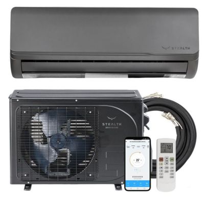 Stealth solar mini split system showing wall-mounted indoor unit, outdoor condenser, remote control, and mobile app