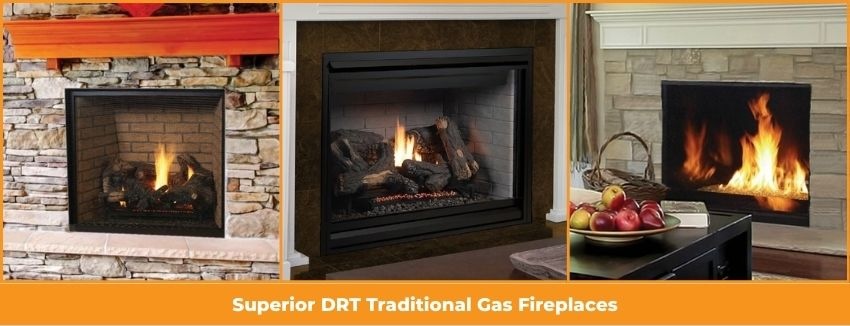 Superior DRT traditional gas fireplaces with classic stone and mantel surround designs