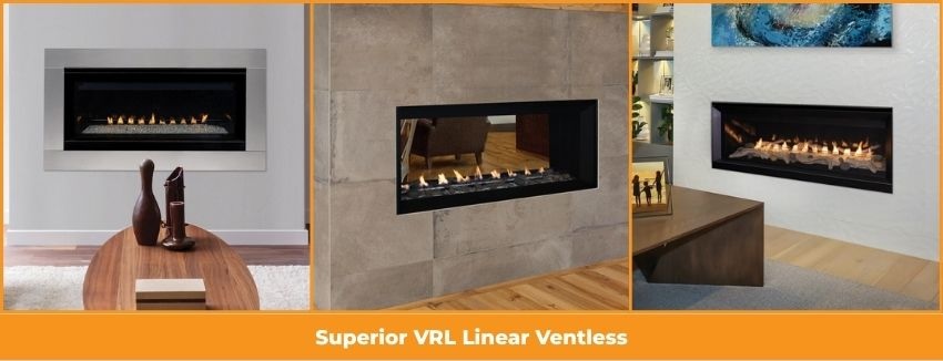Superior VRL linear ventless gas fireplaces with sleek built-in wall installations