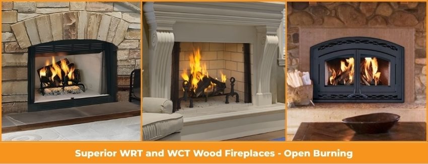 Superior WRT and WCT open-burning wood fireplaces in traditional and rustic home settings