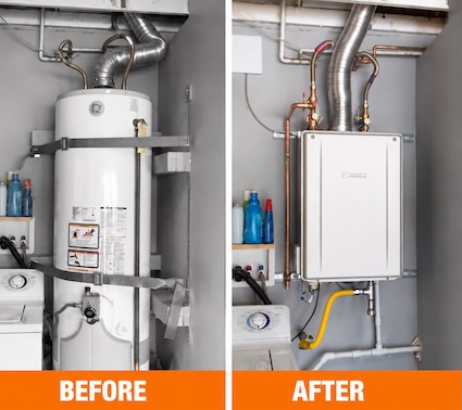 Before-and-after comparison of a traditional tank water heater replaced with a wall-mounted Noritz EZ Series tankless water heater