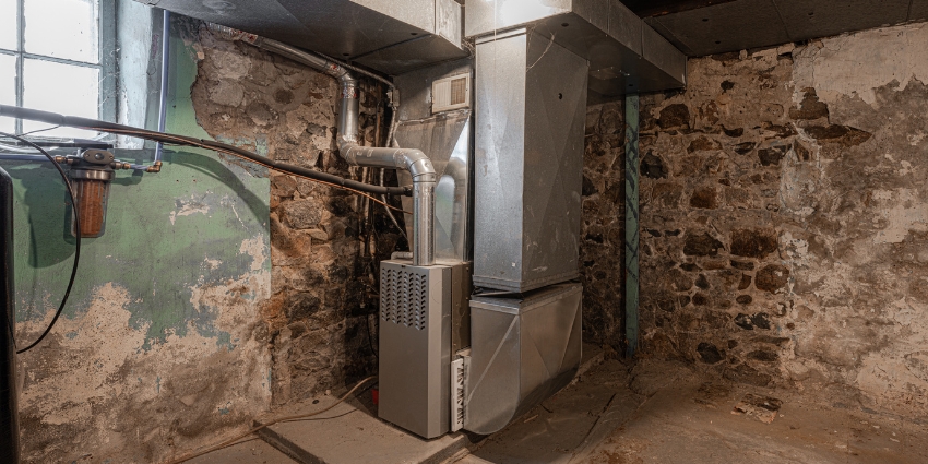 Old gas furnace system in a basement with metal ductwork and stone walls – example of a unit ready for replacement
