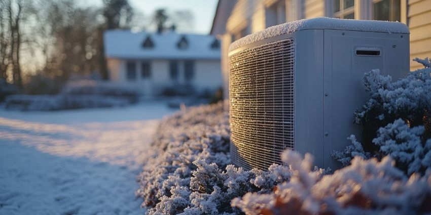 Outdoor heat pump covered in light snow beside a home during winter – efficient split system heating solution for cold weather