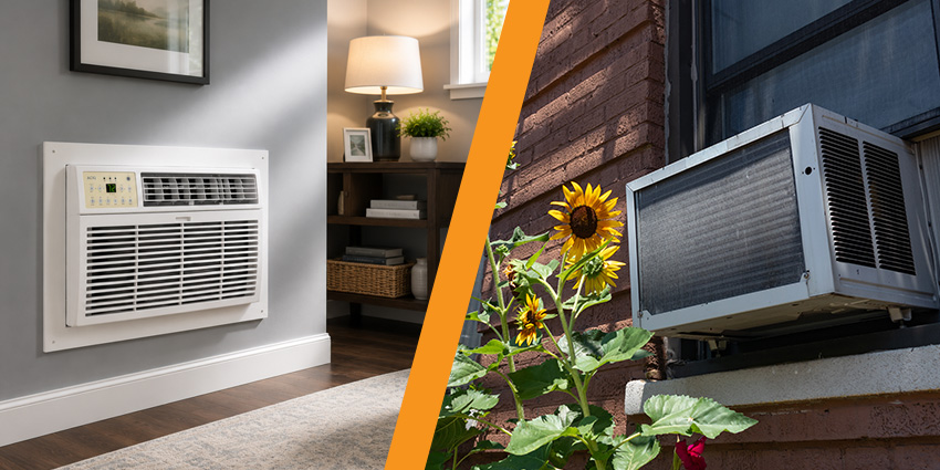 Through-the-Wall Air Conditioner vs Window AC Unit Comparison image showing a through-the-wall air conditioner installed indoors beside a traditional window AC unit installed from the exterior.