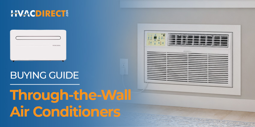 Through-the-Wall Air Conditioner Buying Guide HVACDirect buying guide graphic showing a through-the-wall air conditioner installed in an interior wall for room-by-room cooling.