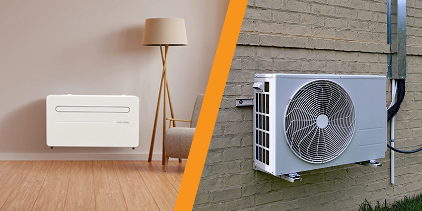 Through-the-Wall Air Conditioner vs Mini Split System Comparison image showing an indoor through-the-wall air conditioner beside an outdoor mini split condenser mounted on an exterior wall.