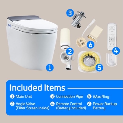 ACiQ smart toilet package showing included parts such as angle valve, wax ring, remote control, and connection pipe