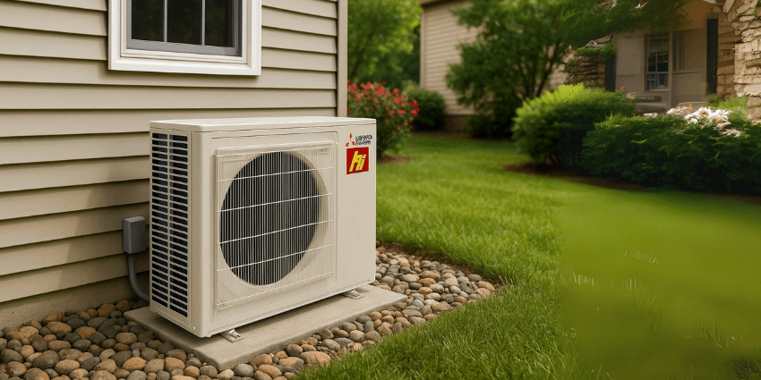 Mitsubishi Electric H2i outdoor heat pump unit installed on a concrete pad beside a residential home with vinyl siding